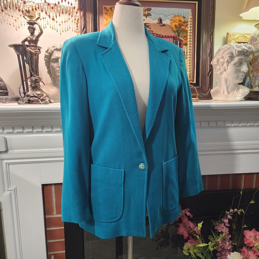 Emotions Vintage Teal Wool Blend Single Button Blazer Womens 10 Preppy Colorful